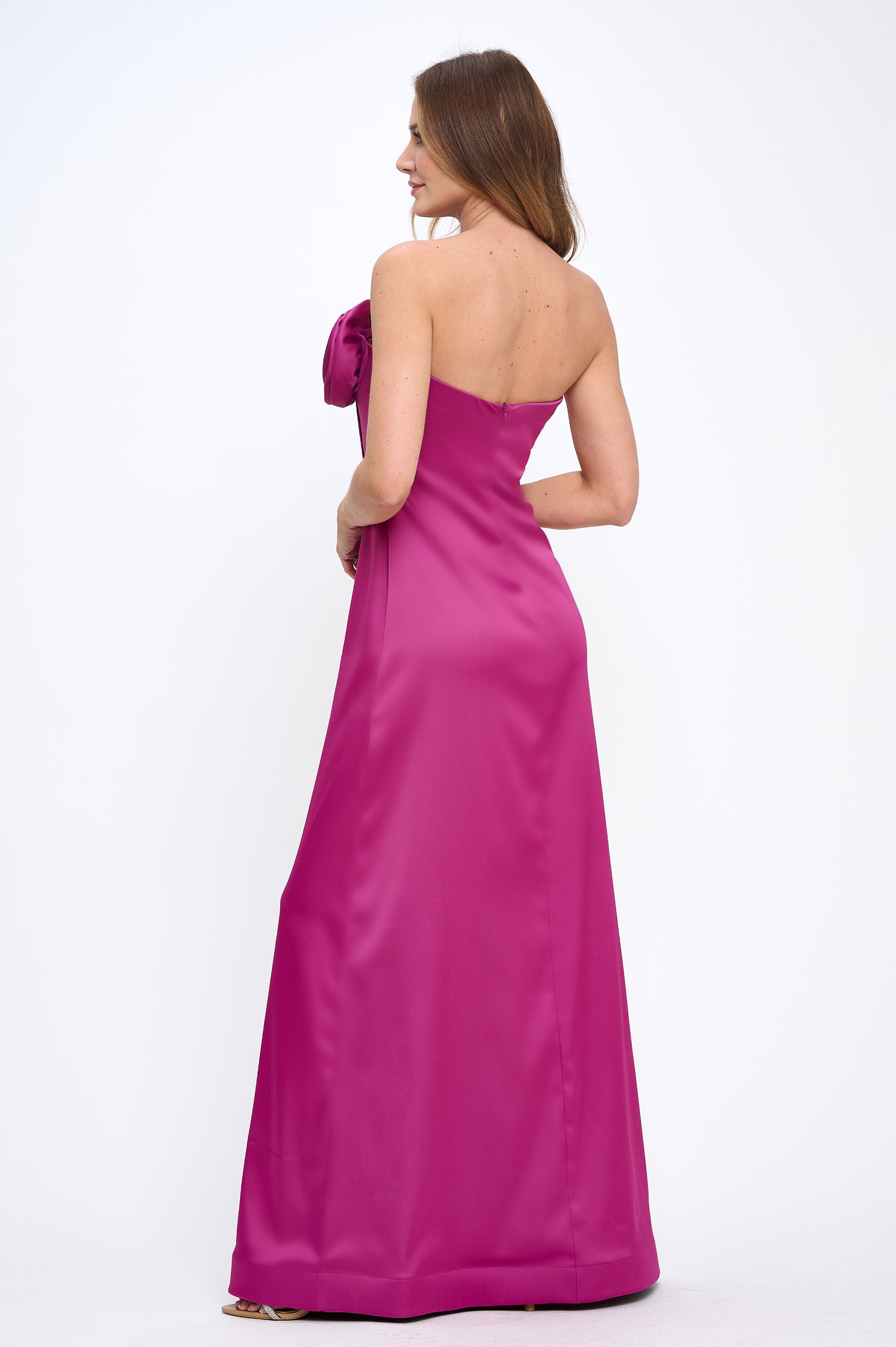 Rose wrap strapless stretchy satin maxi gown