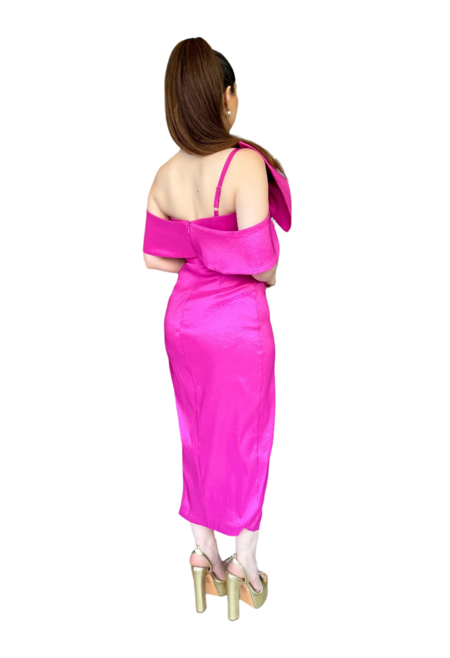 Classy demeanor off the shoulder bow midi taffeta dress