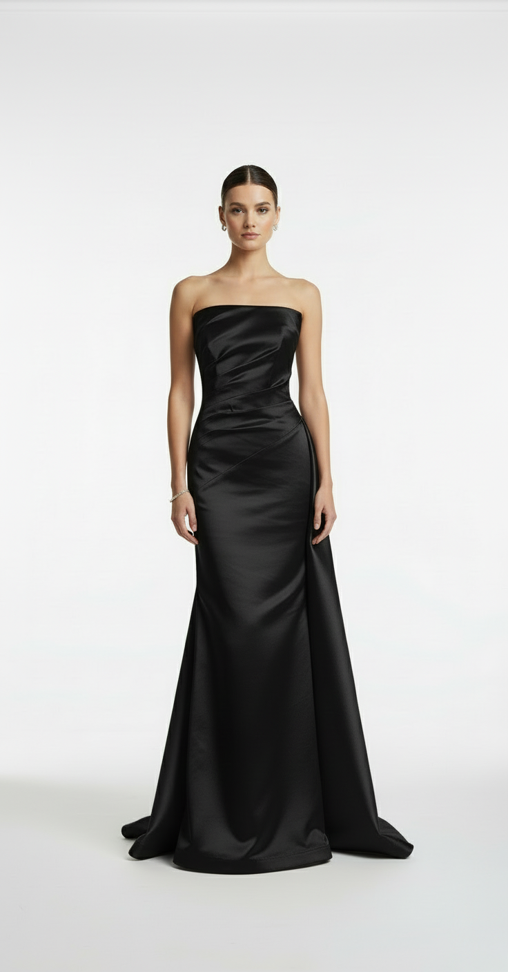 Strapless taffeta asymmetrical back detail gown