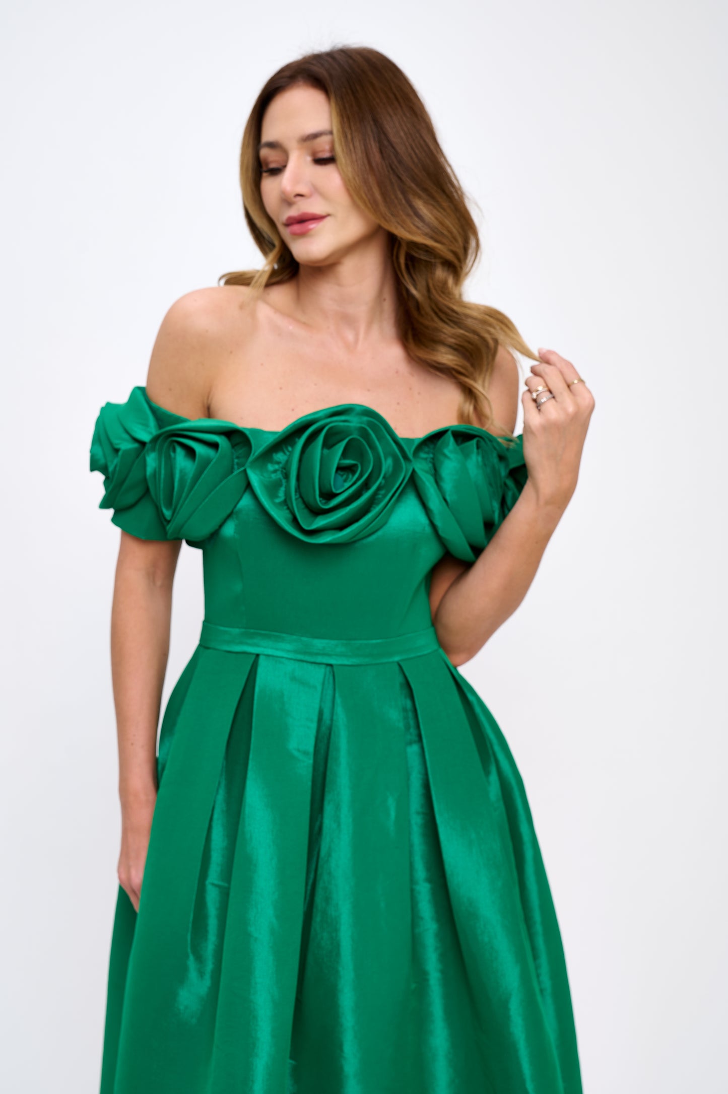 Rose bloom off shoulder taffeta gown