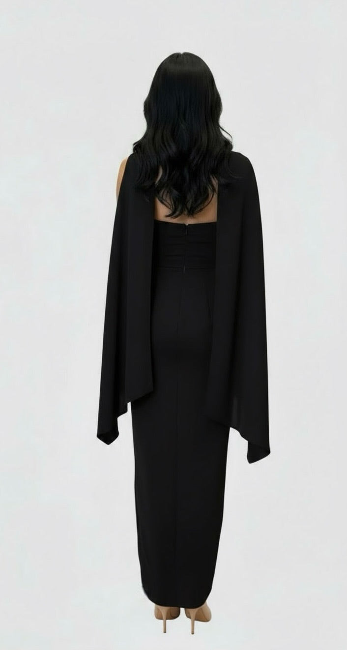 Strapless satin crepe corset gathered tulip hem maxi dress and matching scarf