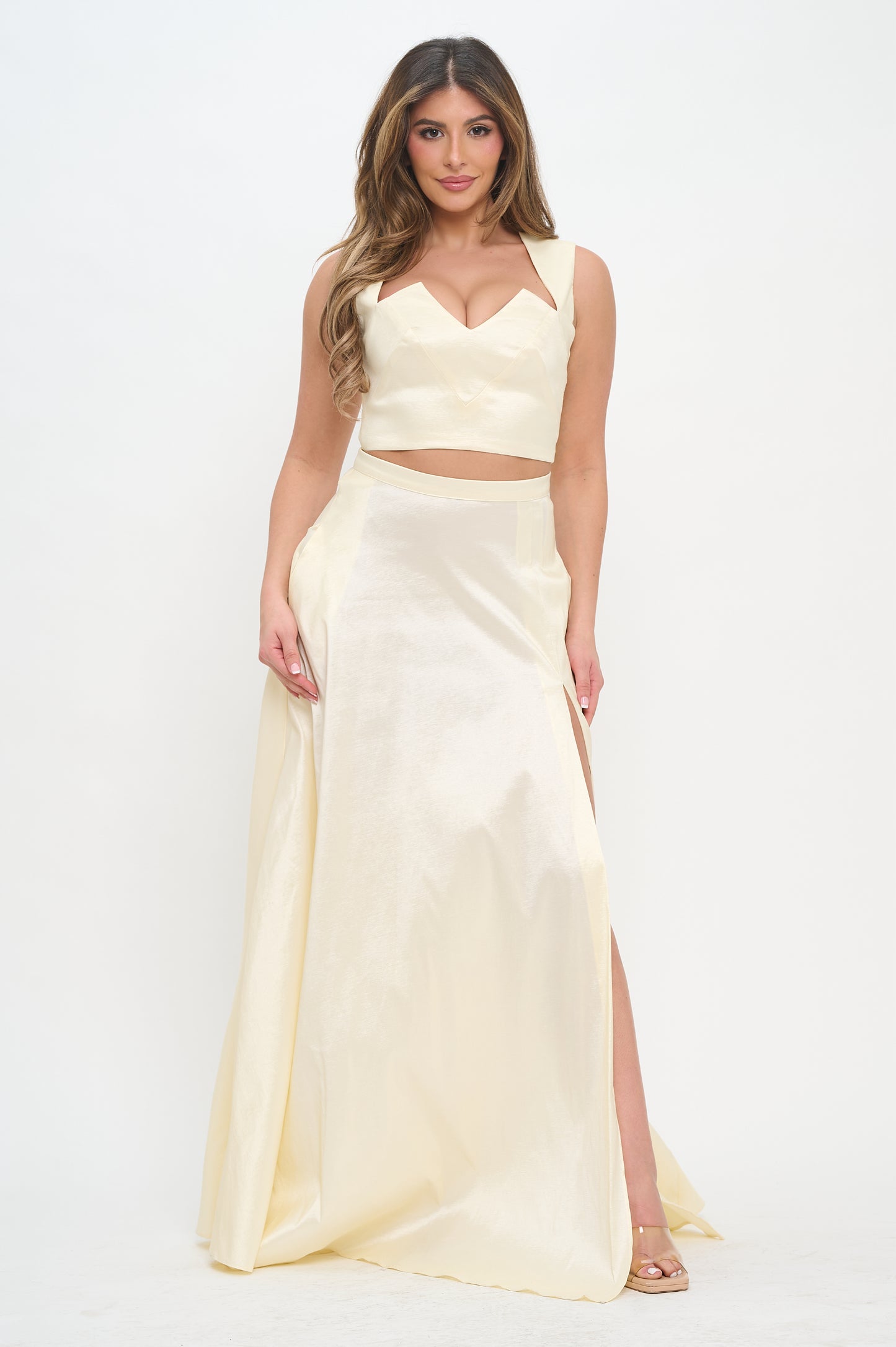 Taffeta crop top and high waisted slit maxi skirt set