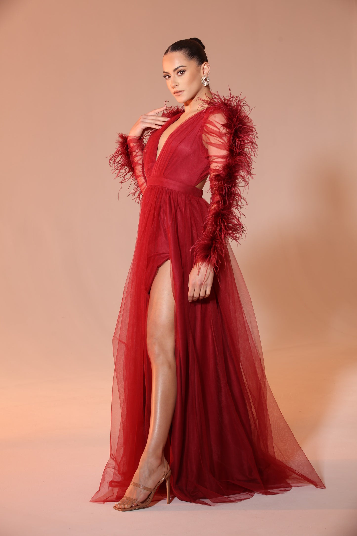 Pre-Order Evvie feather trim tulle slit gown
