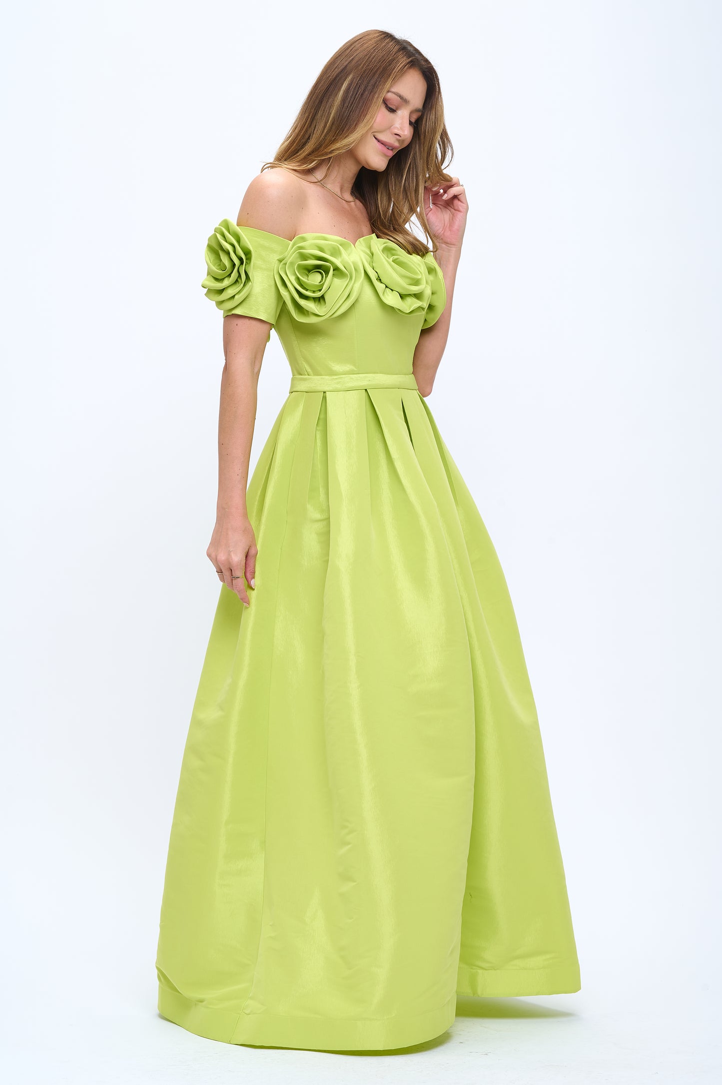 Rose bloom off shoulder taffeta gown