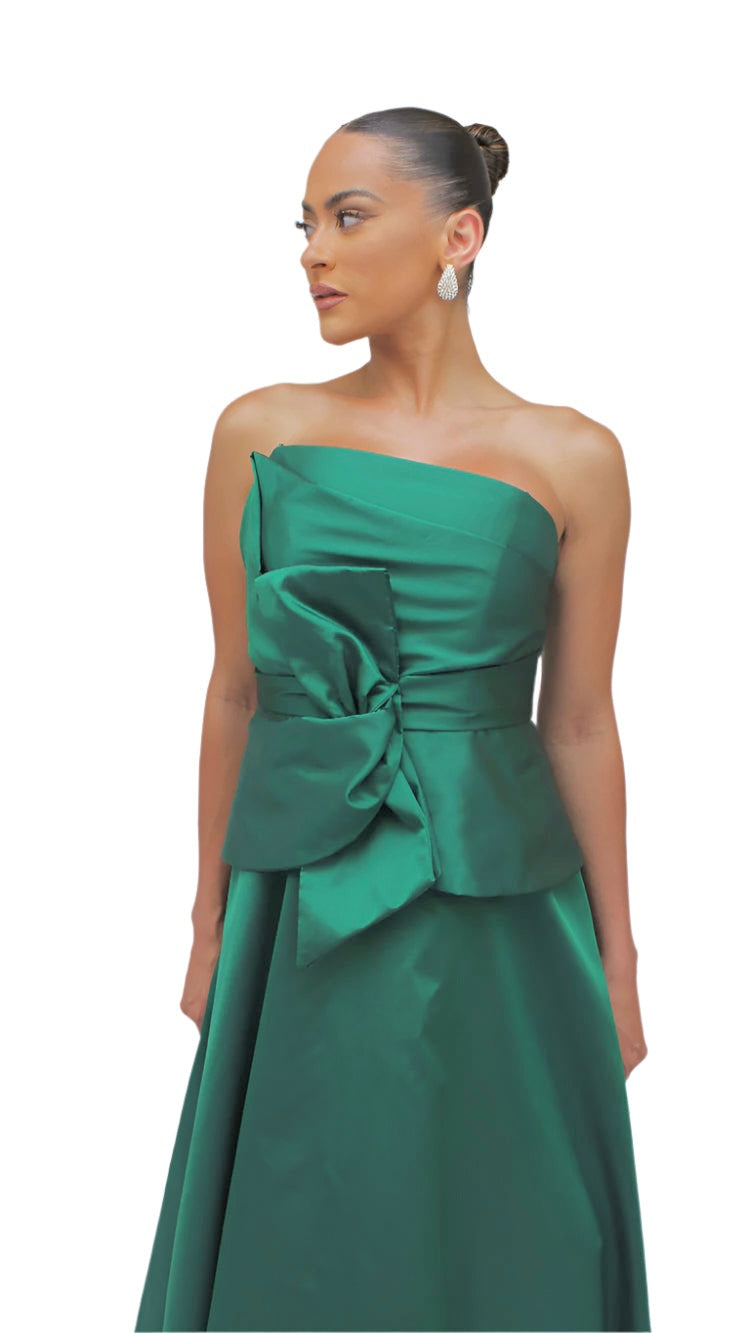 Gia strapless bow taffeta peplum gown