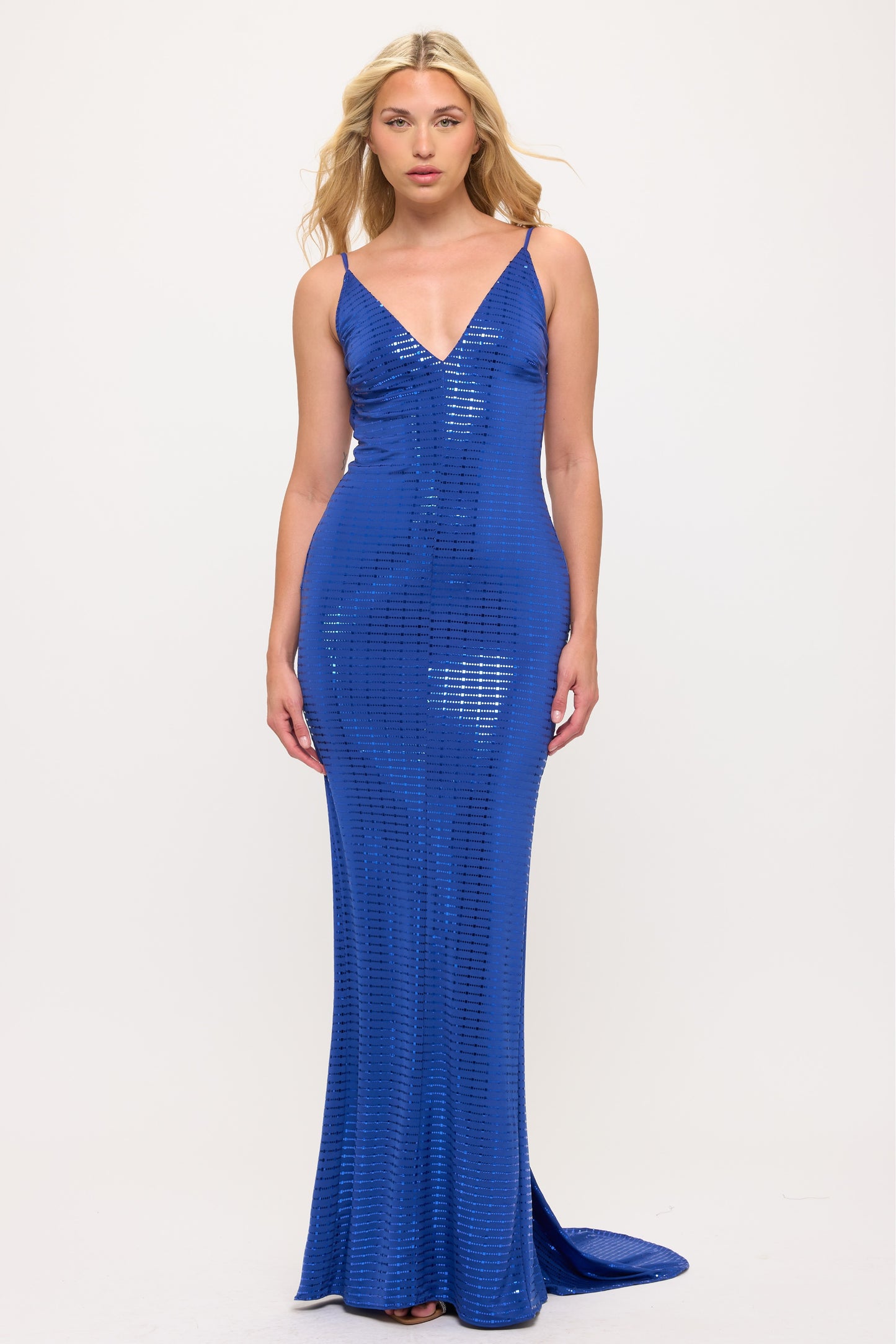 Metallic hourglass open knot back draping silhouette gown