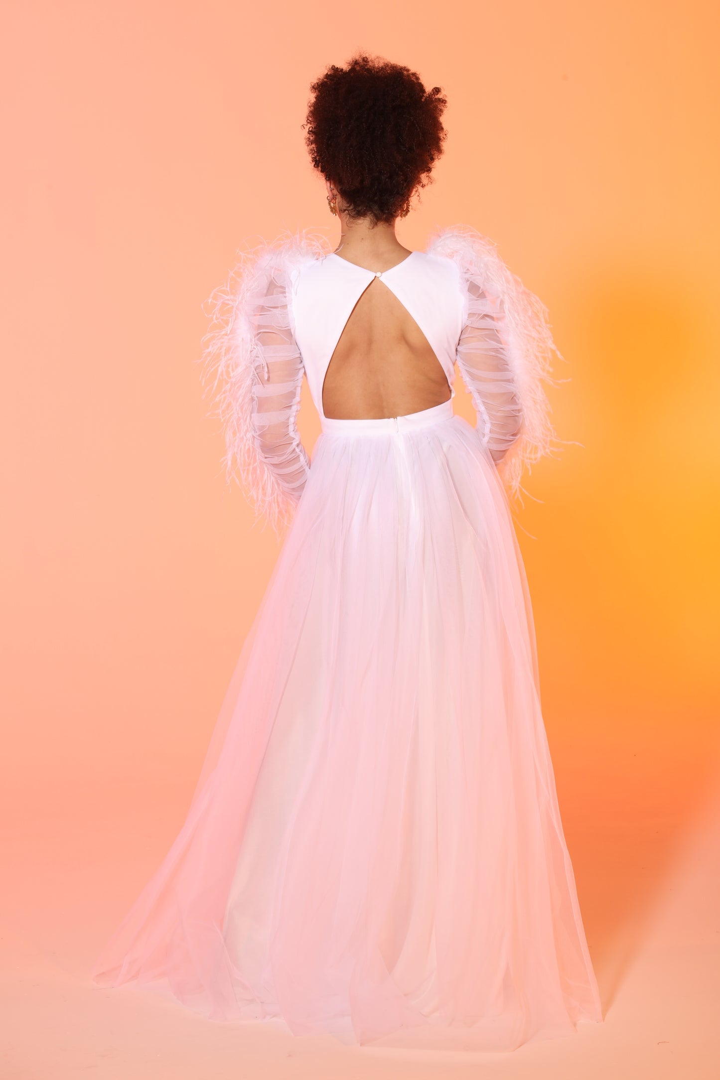 Pre-Order Evvie feather trim tulle slit gown