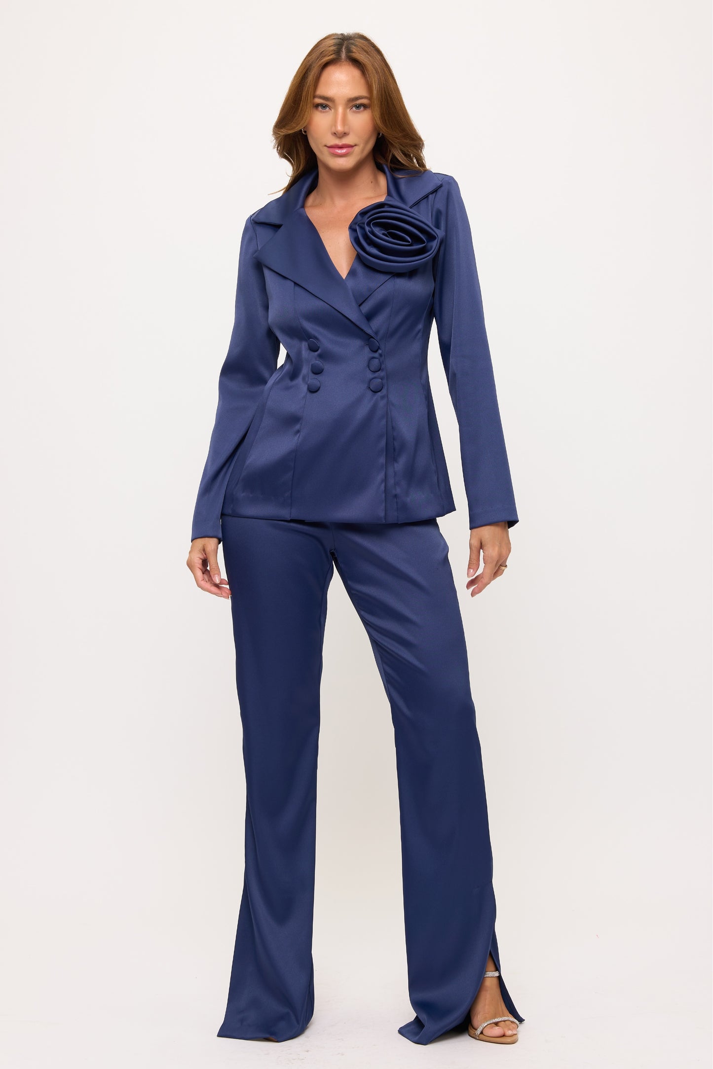 Midnight bloom rose detail satin jacket and side slit pants suit