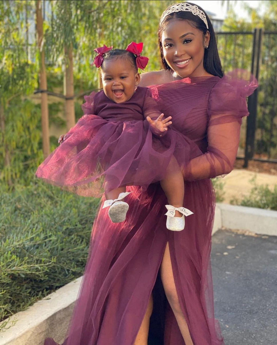 Mommy and Me Collection - Kids tulle long sleeve bow back tie dress