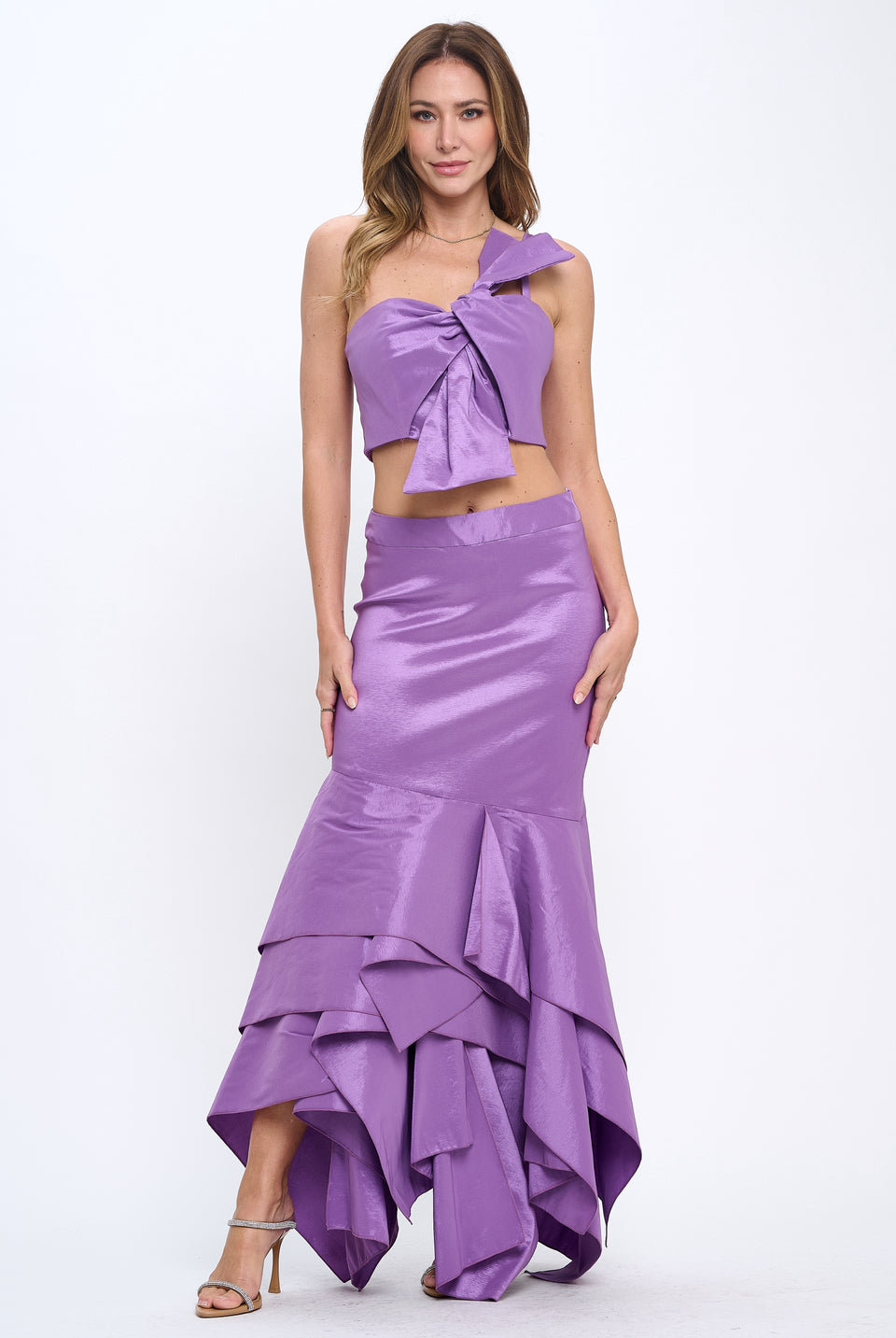 Taffeta bow crop top and ruffle layered skirt set