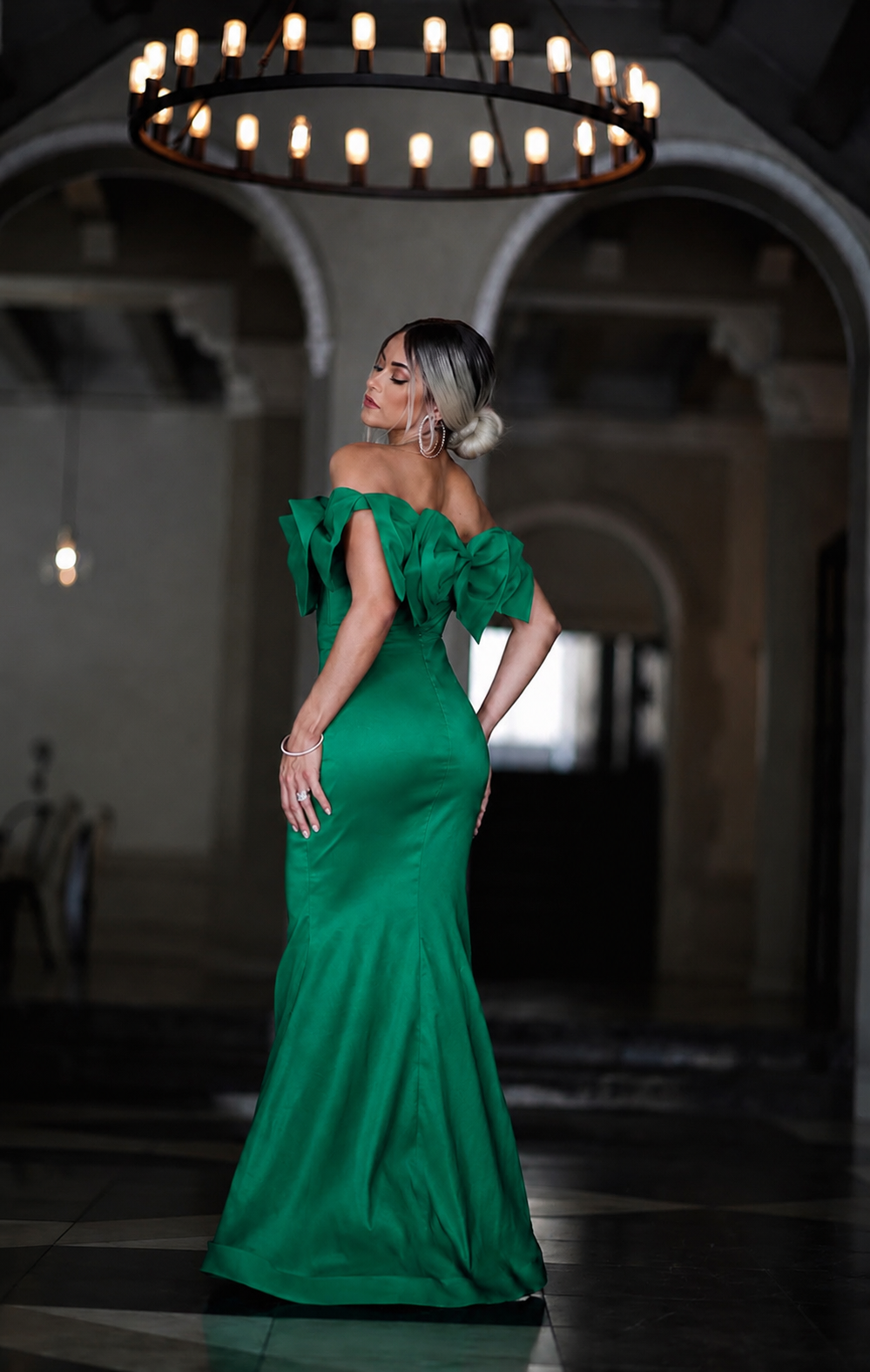 Jackie taffeta off shoulder bow detail mermaid gown