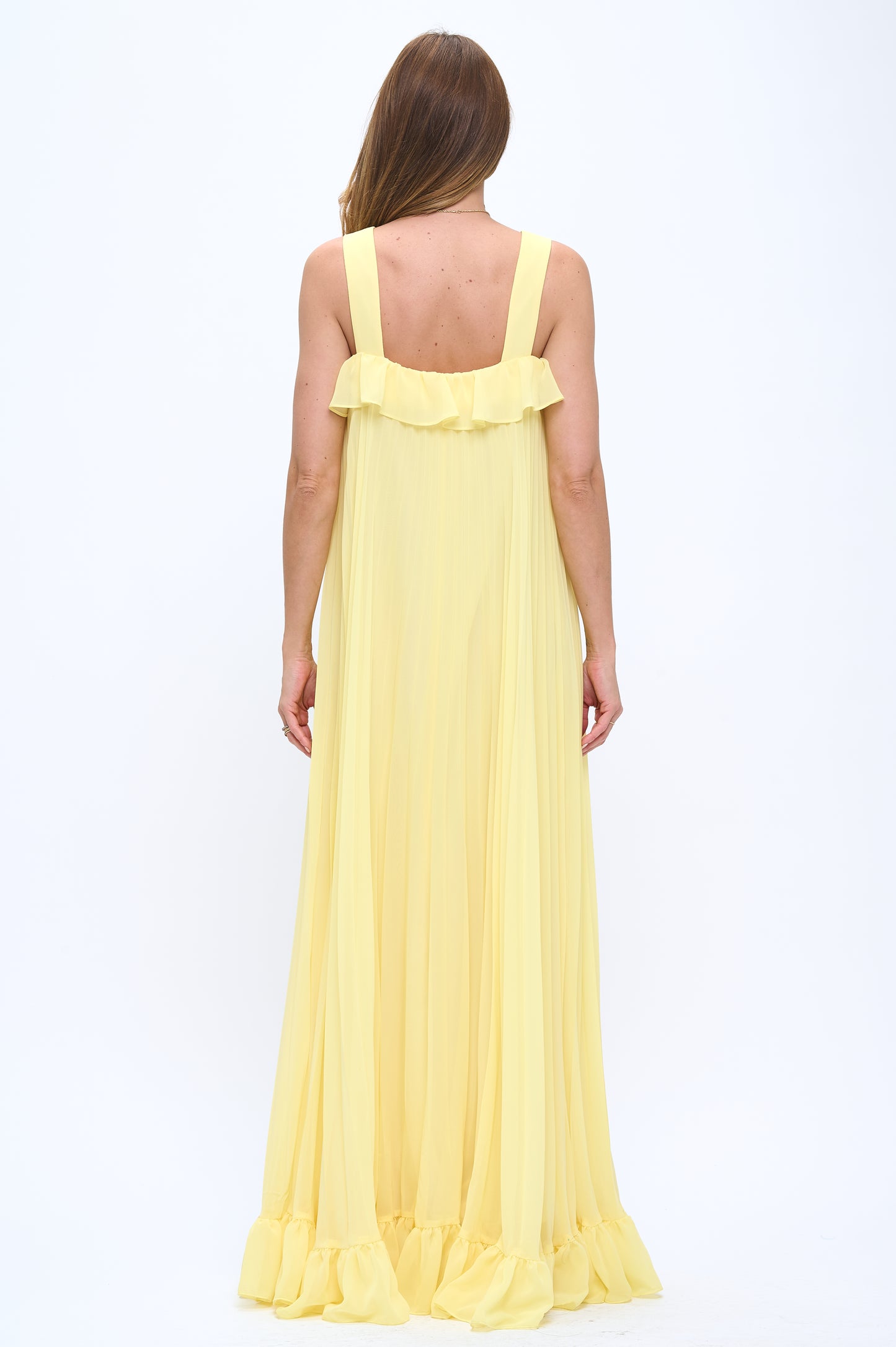 Pleated chiffon flowy ruffle maxi dress