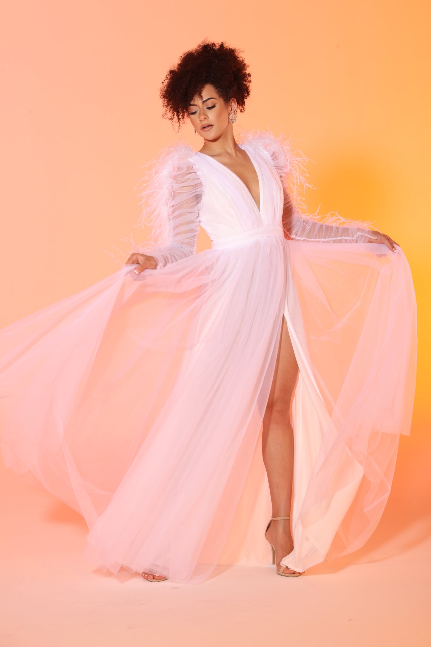 Pre-Order Evvie feather trim tulle slit gown