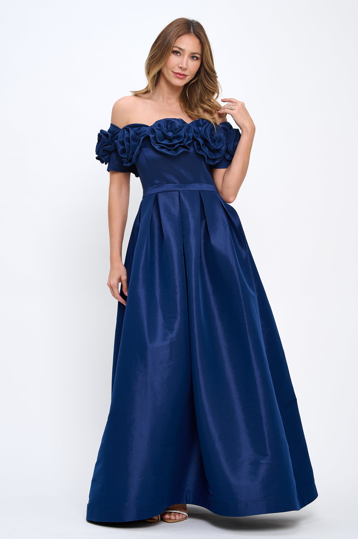 Rose bloom off shoulder taffeta gown