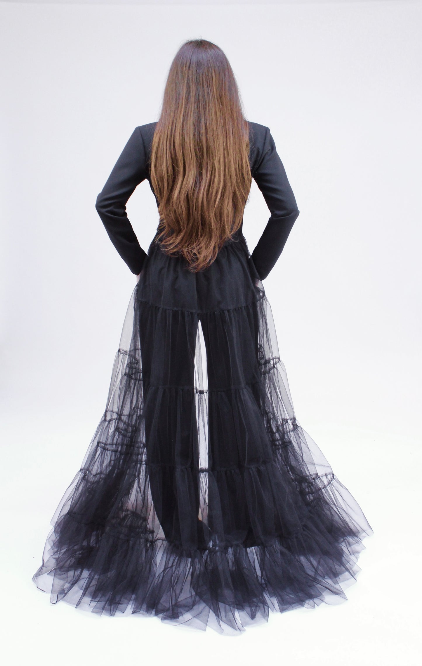 Tulle trim crop jacket and high waisted pants two-piece suit set