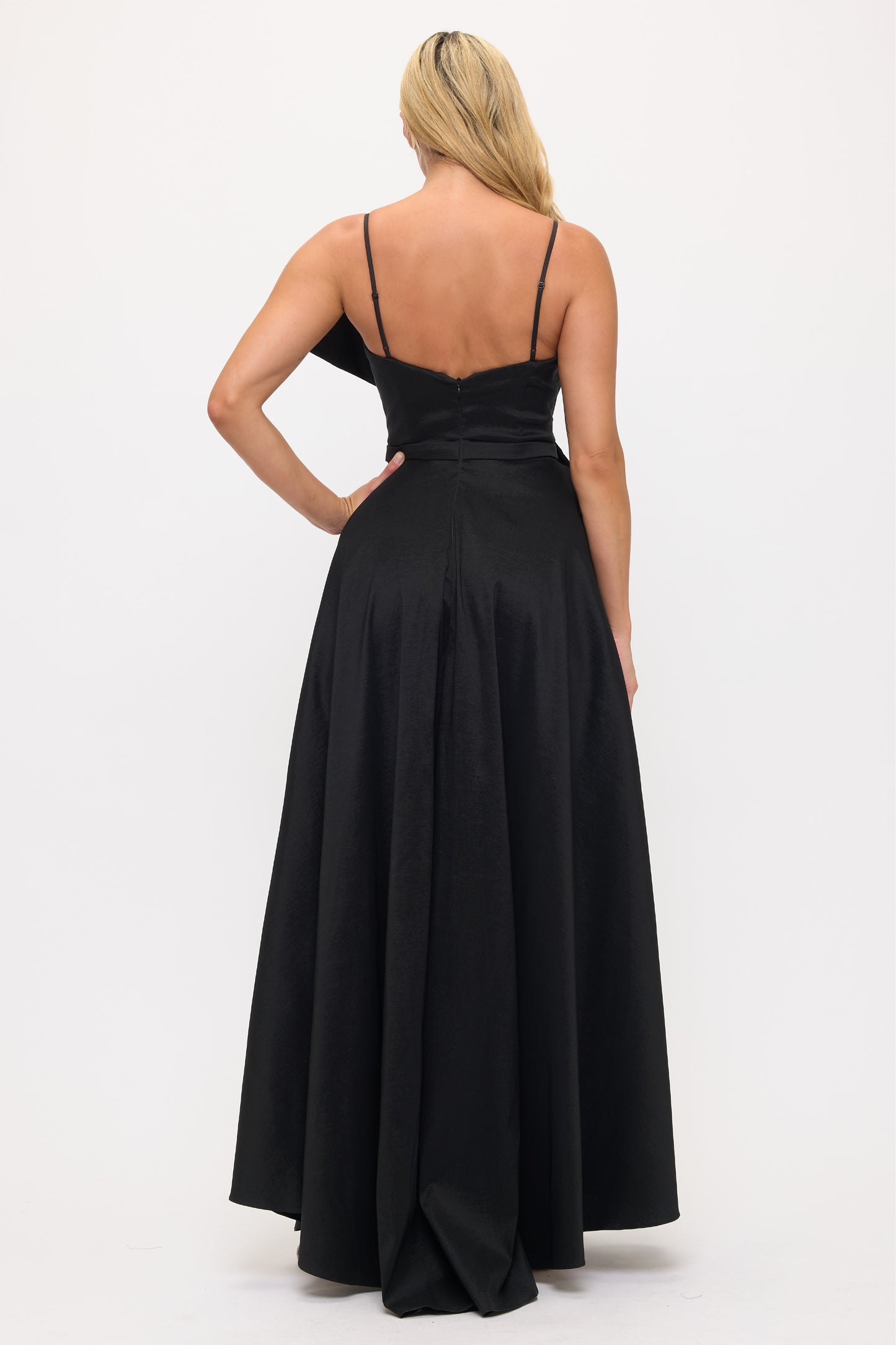 Asymmetrical oversized bow stretch taffeta slit gown