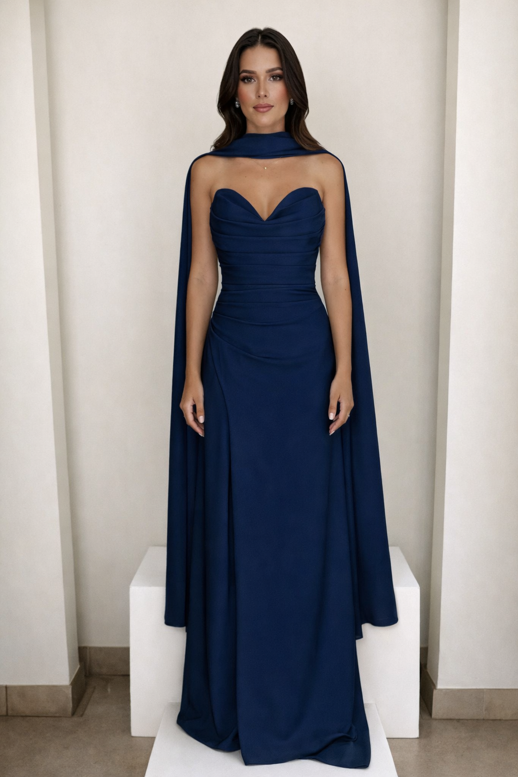 Sweetheart strapless gathered twill slit gown and matching scarf
