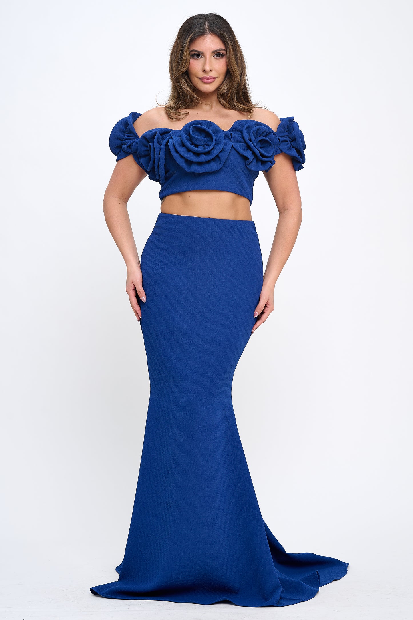 Rose detail off shoulder crop top and maxi skirt set