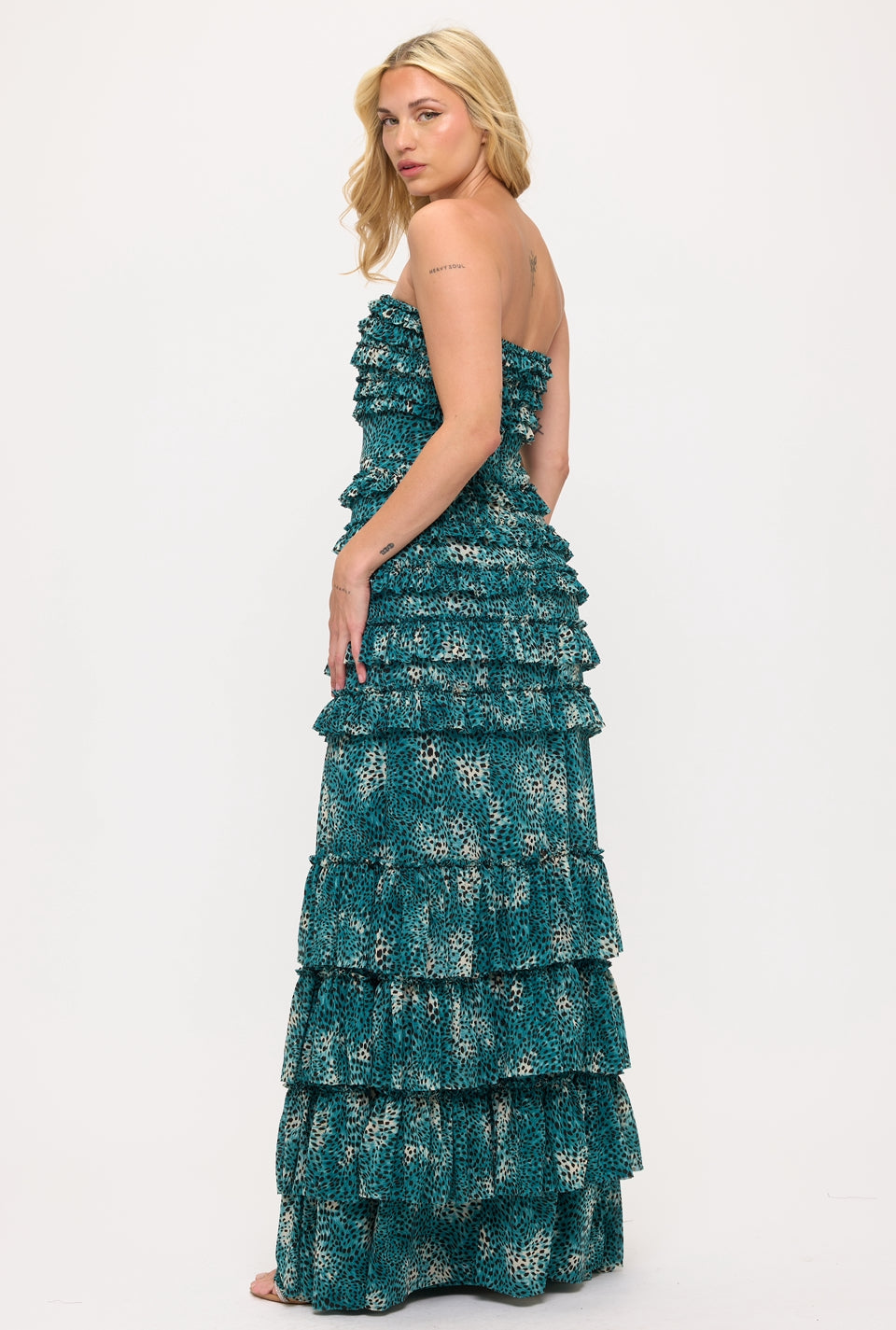 Pre-Order Animal print strapless ruffle tiered maxi dress