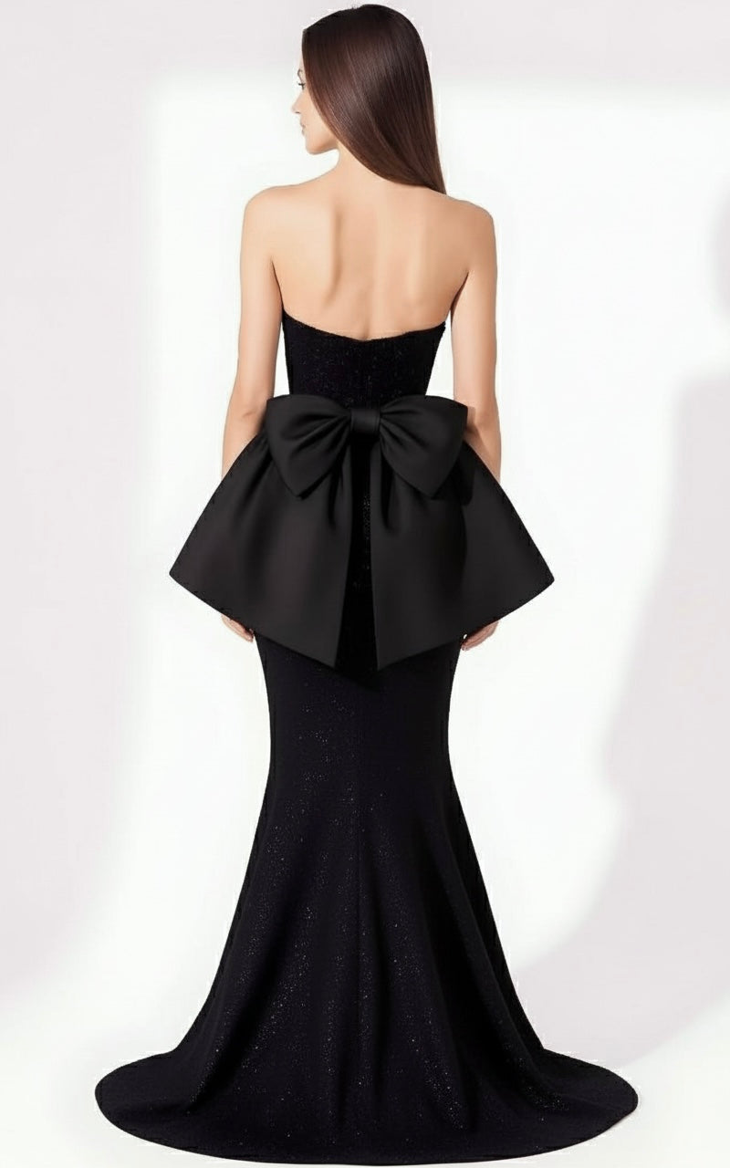 Strapless sequin and lace sweetheart bustier with taffeta peplum bow back mermaid gown