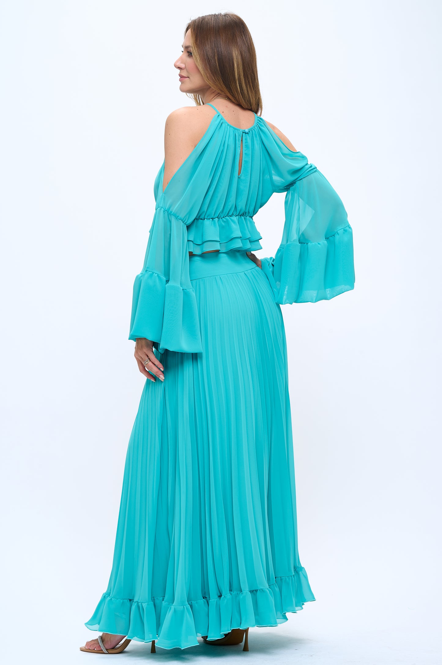 Chiffon ruffle crop top and maxi skirt set