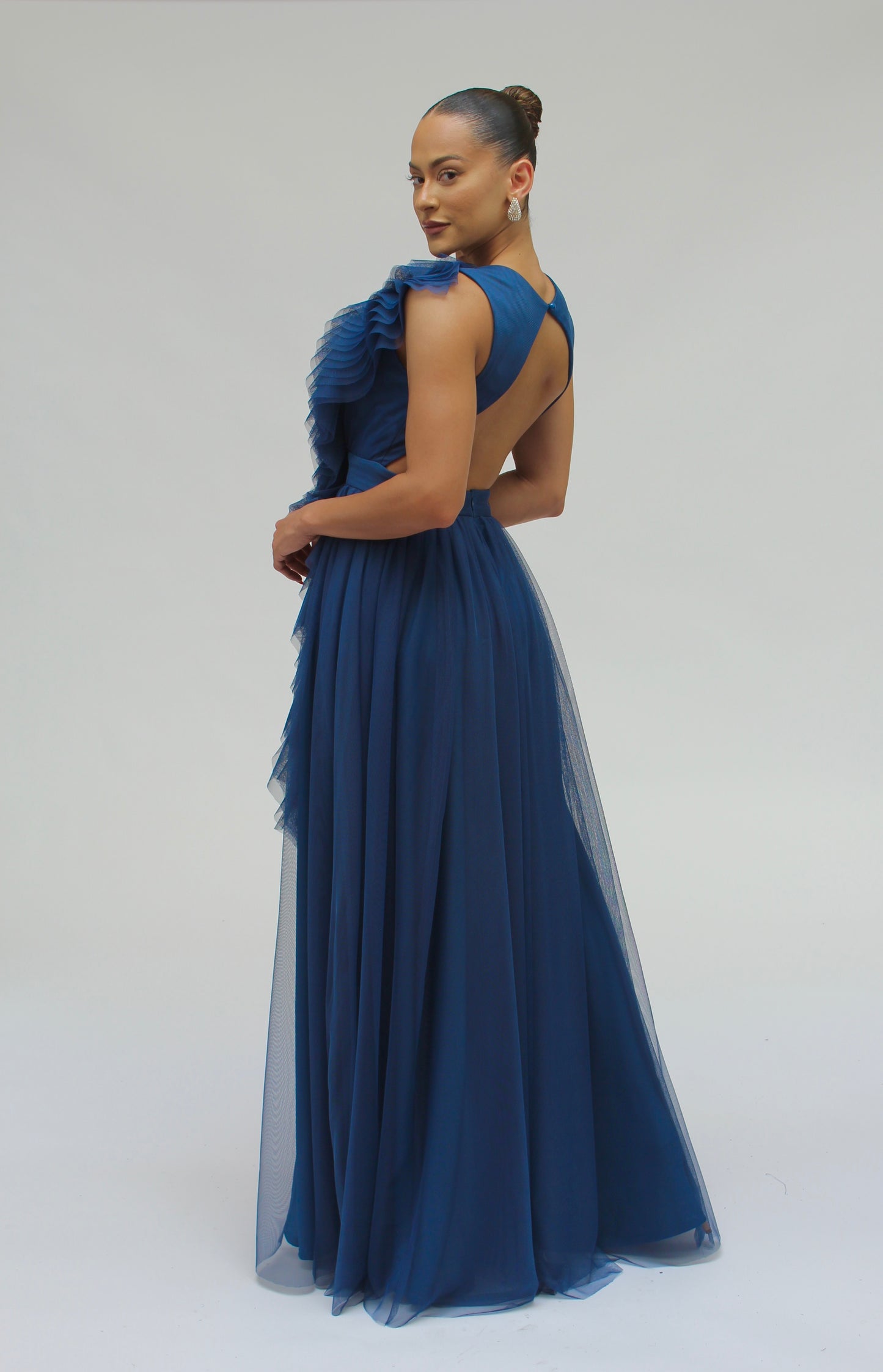 Elegant engagement ruffle layered tulle cascading gown with front slit