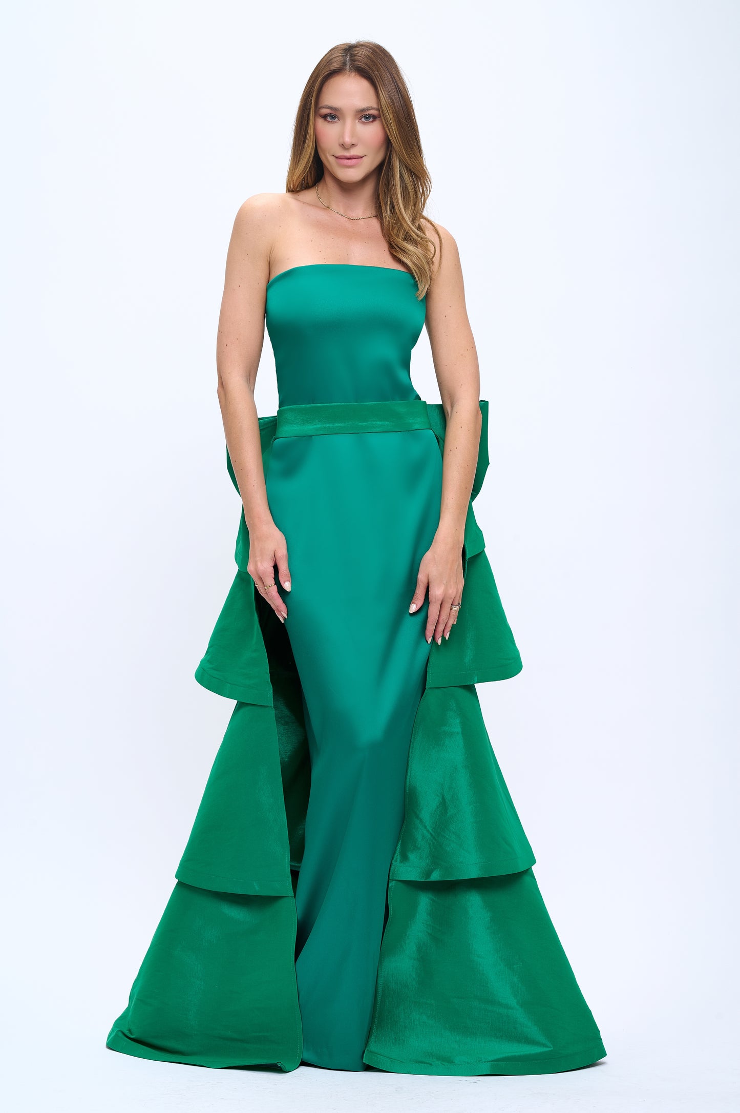 Strapless slit back dress and detachable belted oversized bow ruffle layered train