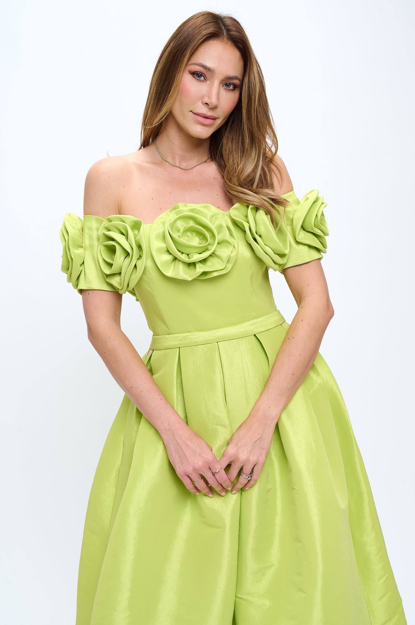 Rose bloom off shoulder taffeta gown