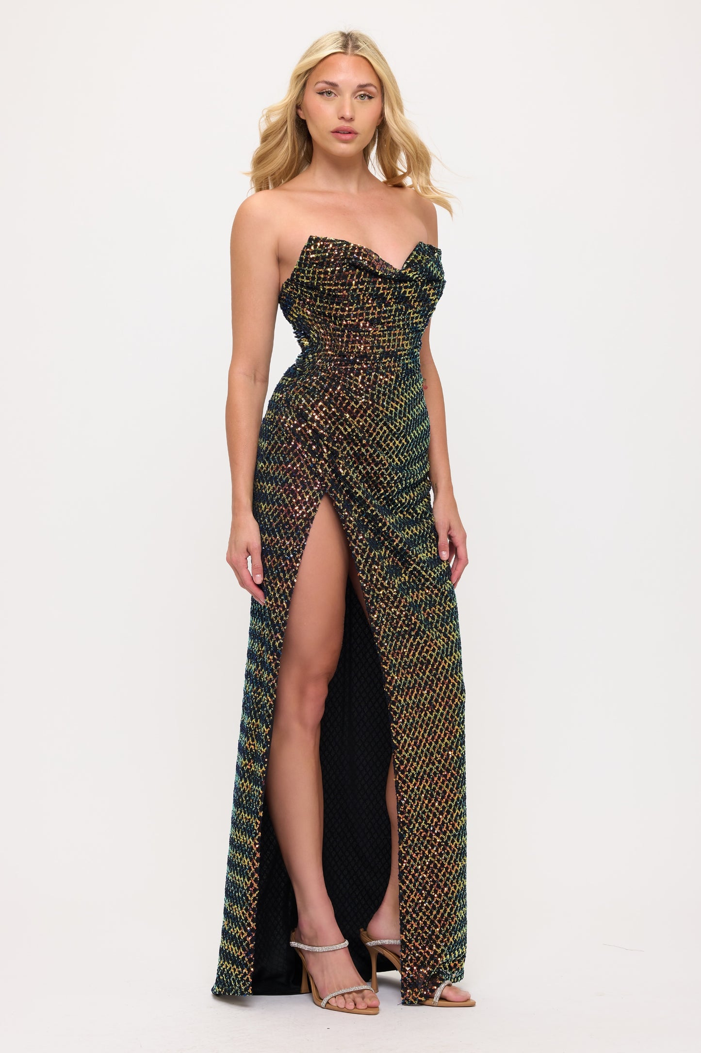 Sequin draped bodice stretchy side slit gown