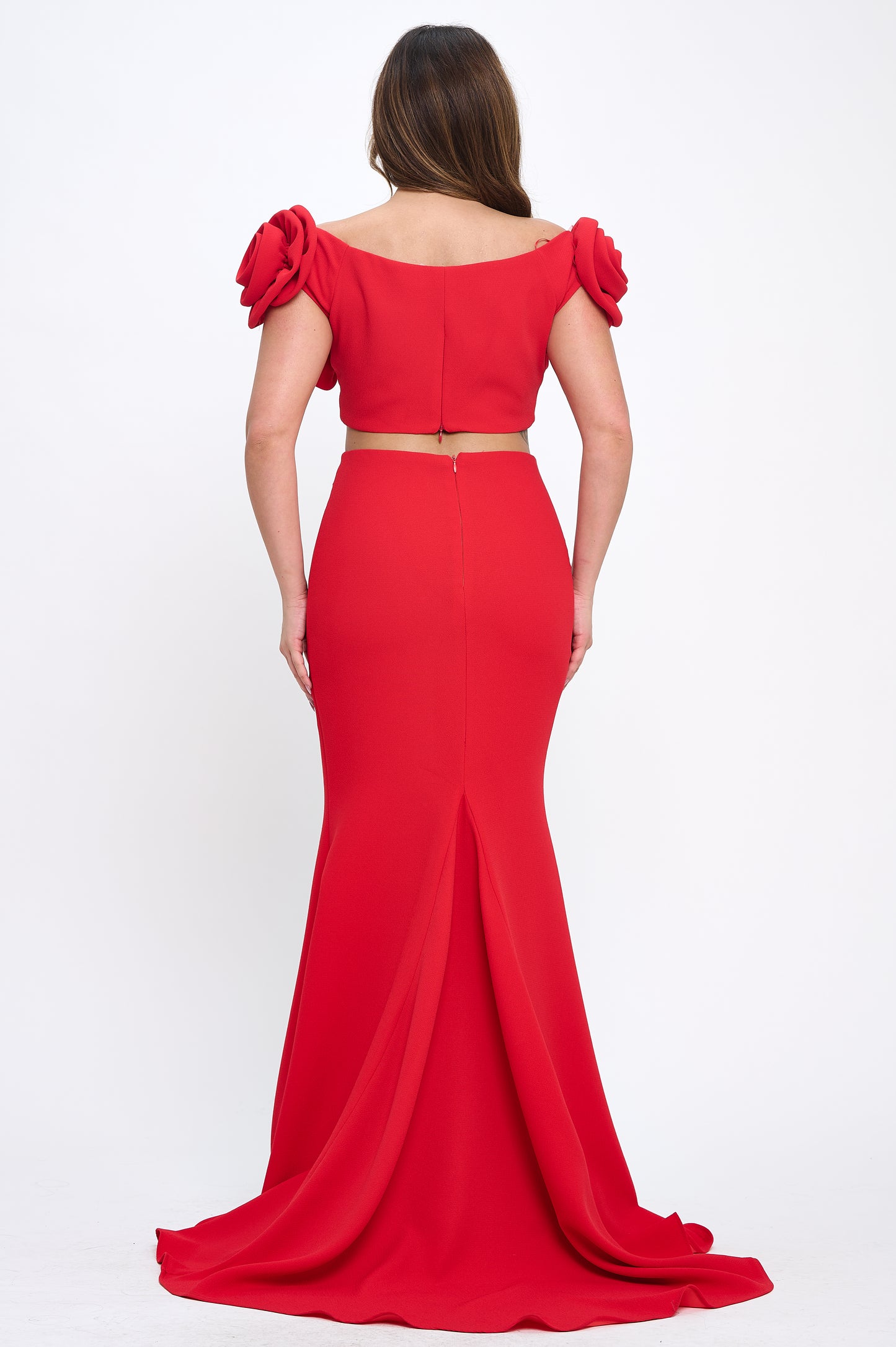 Rose detail off shoulder crop top and maxi skirt set