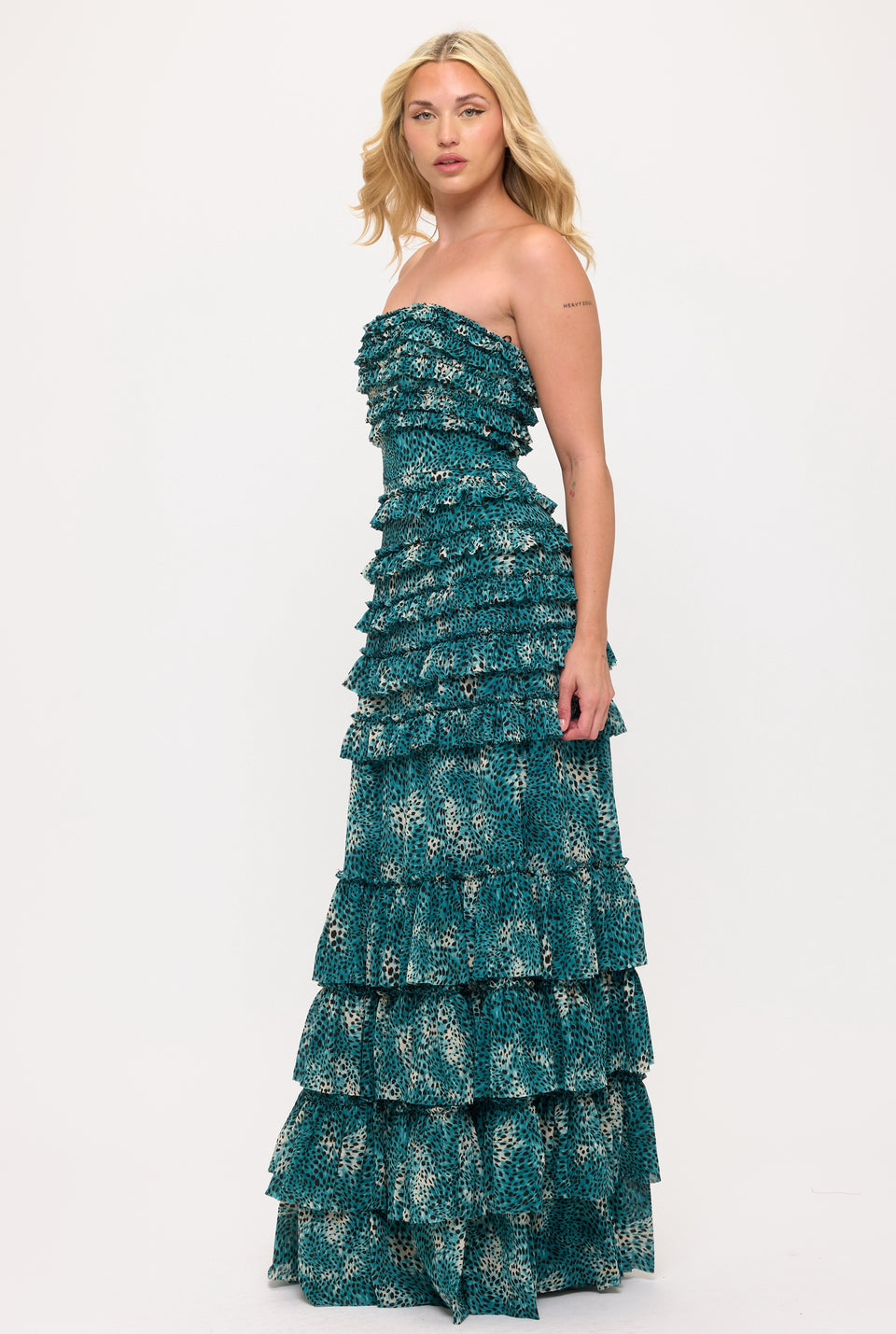 Pre-Order Animal print strapless ruffle tiered maxi dress