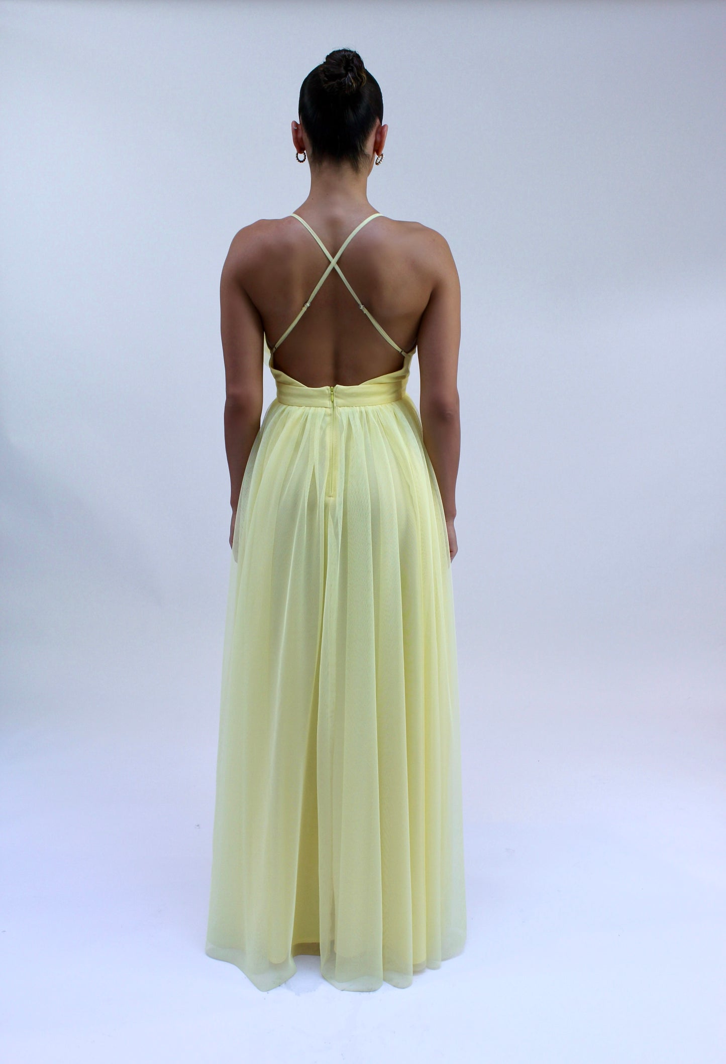 Spaghetti strap soft tulle ruffle front maxi dress