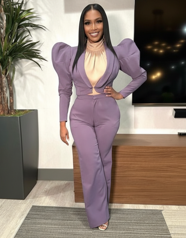 Diva Pursuit two-piece puff heart shoulder crop jacket and high waisted wide leg pants suit set