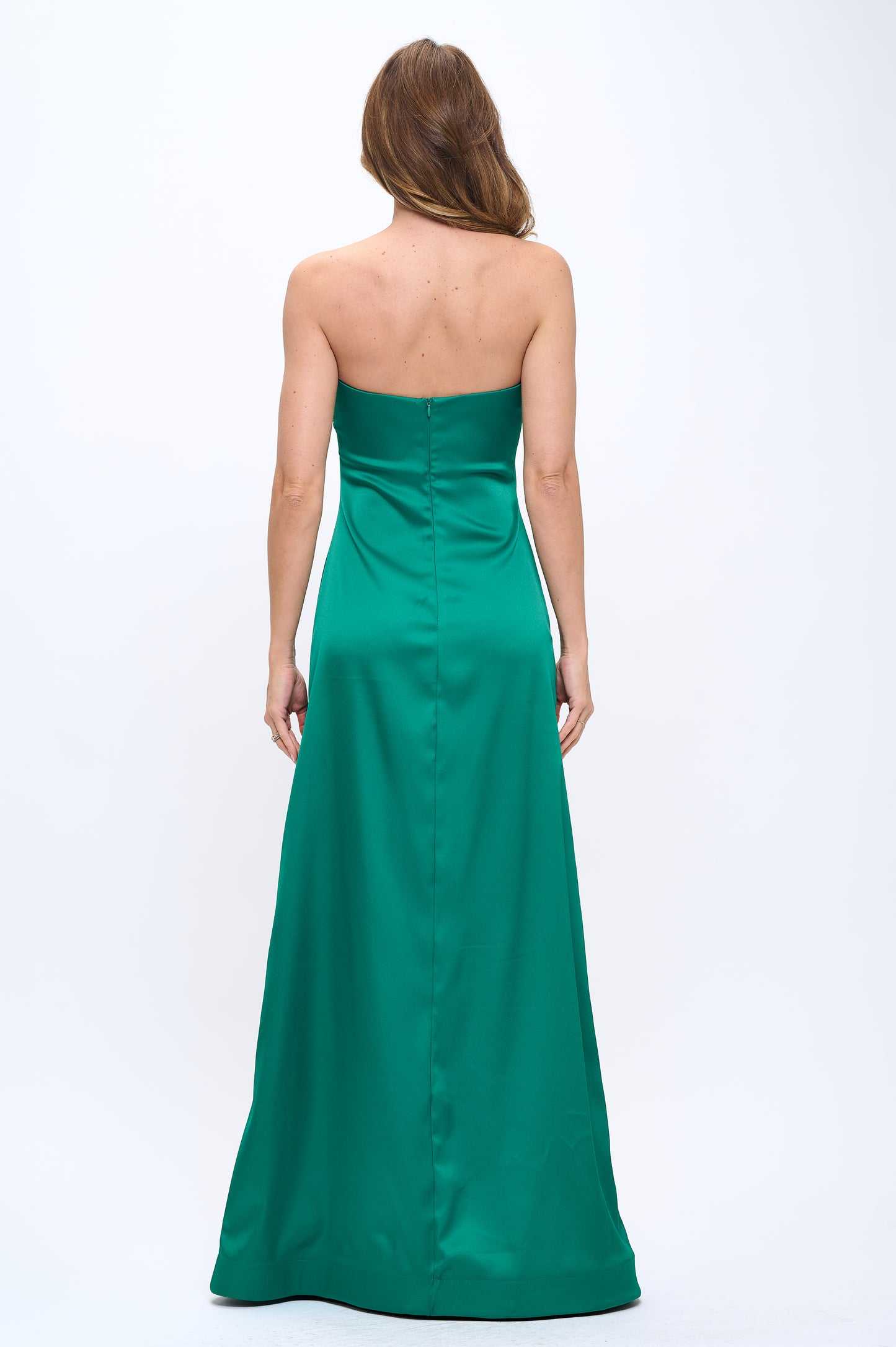 Rose wrap strapless stretchy satin maxi gown