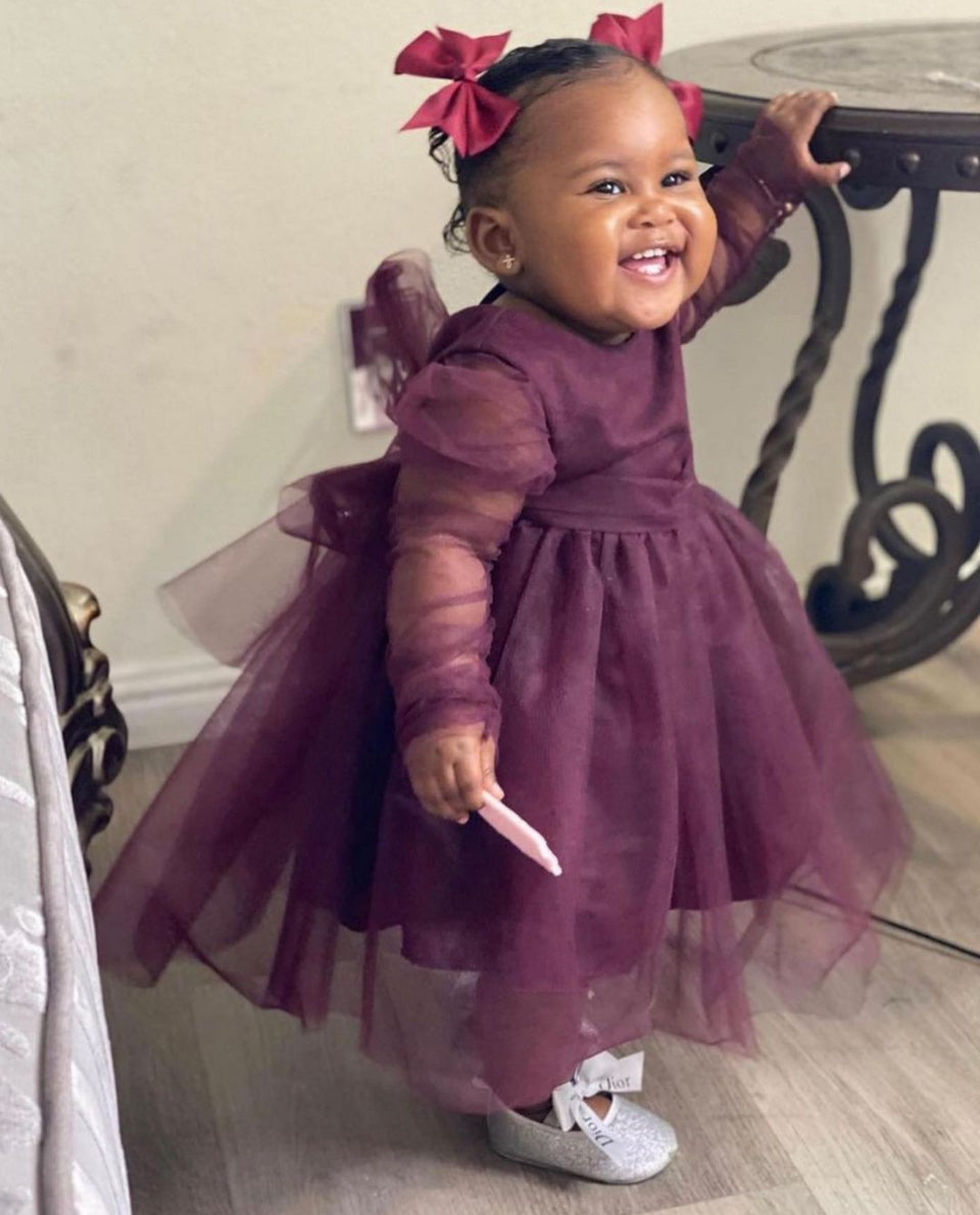 Mommy and Me Collection - Kids tulle long sleeve bow back tie dress