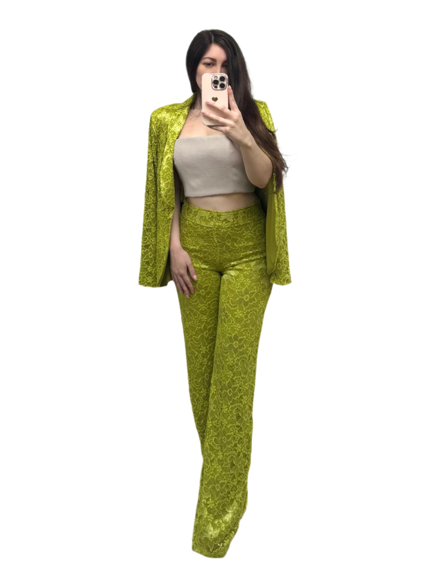 Stretchy floral lace tulip hem jacket and high waisted pants suit set