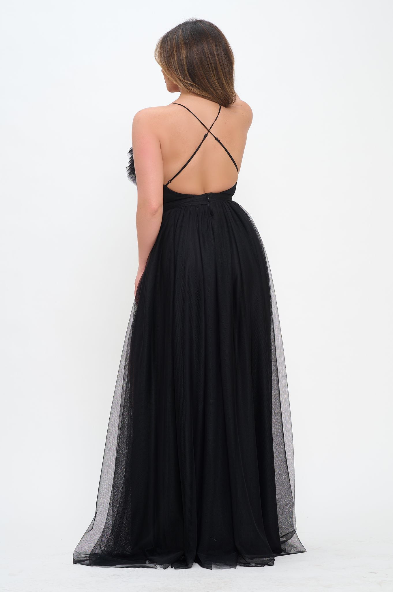 Heart shape soft ruffle tulle slit maxi dress