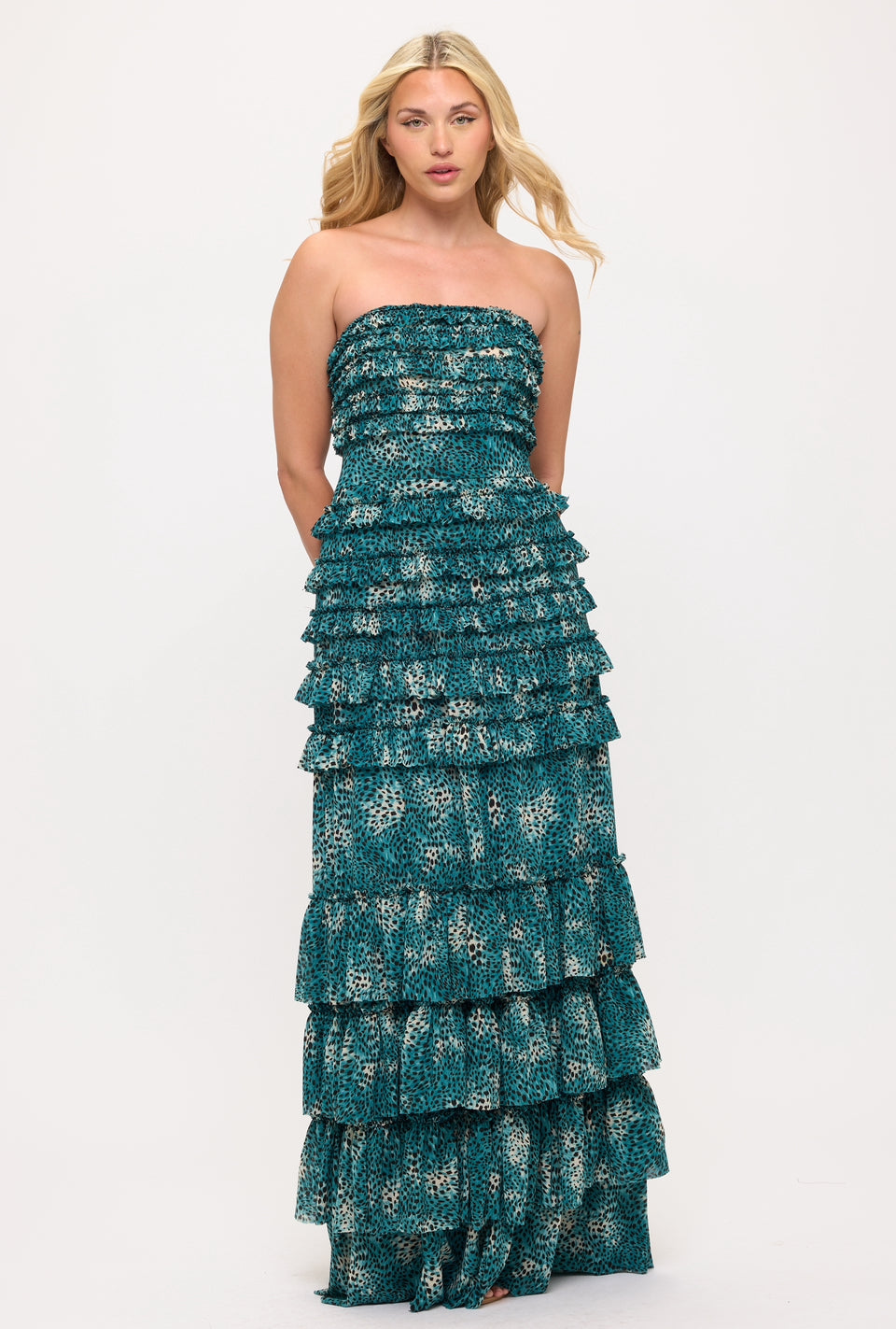 Pre-Order Animal print strapless ruffle tiered maxi dress