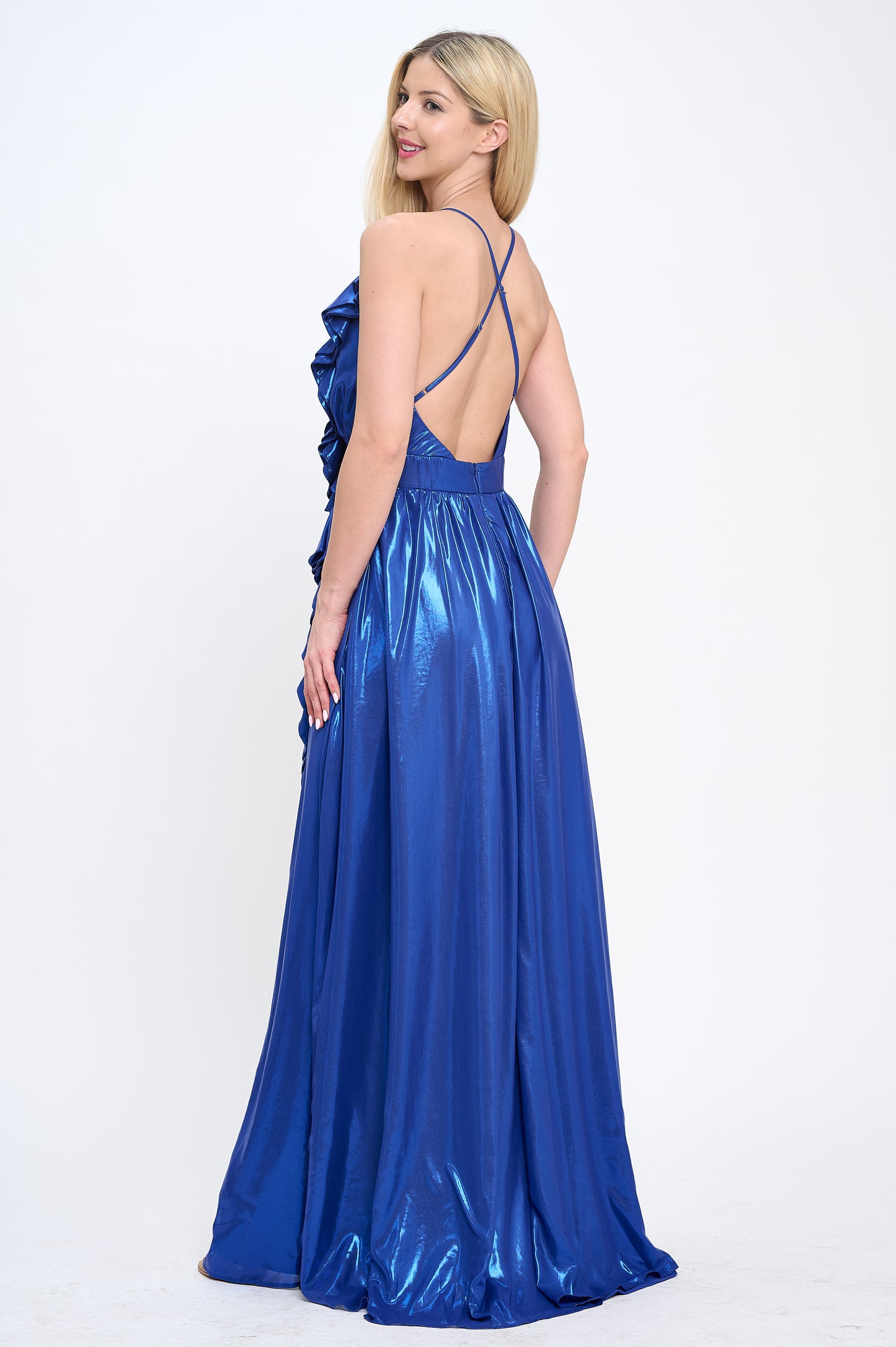 Irresistible iridescent ruffle slit maxi dress