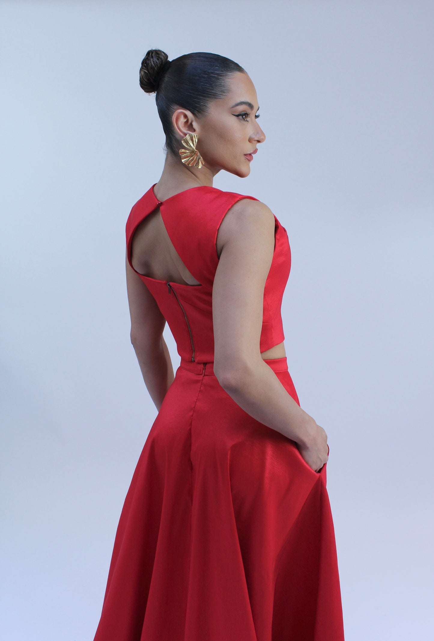 Taffeta crop top and high waisted slit maxi skirt set