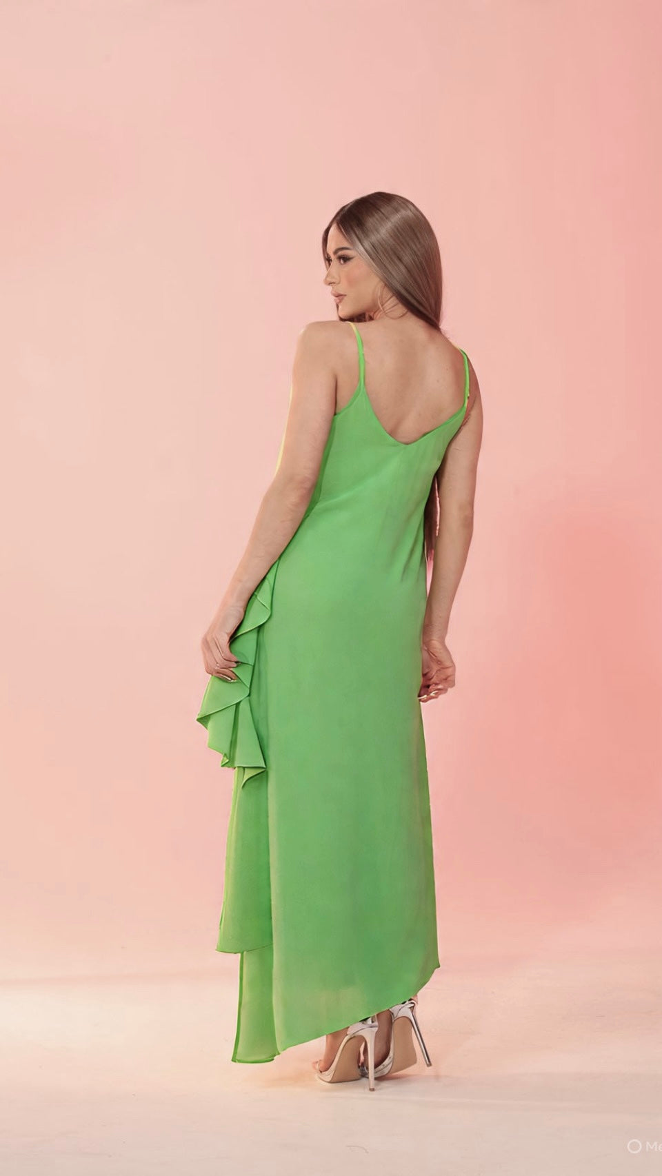 Cascading spaghetti strap crepe maxi dress