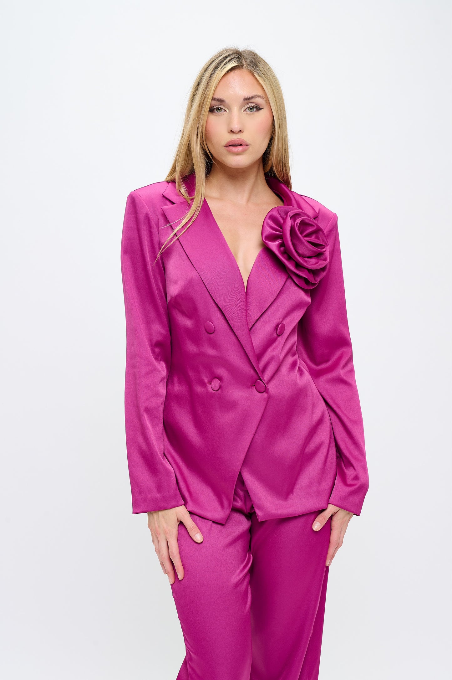 Midnight bloom rose detail satin jacket and side slit pants suit