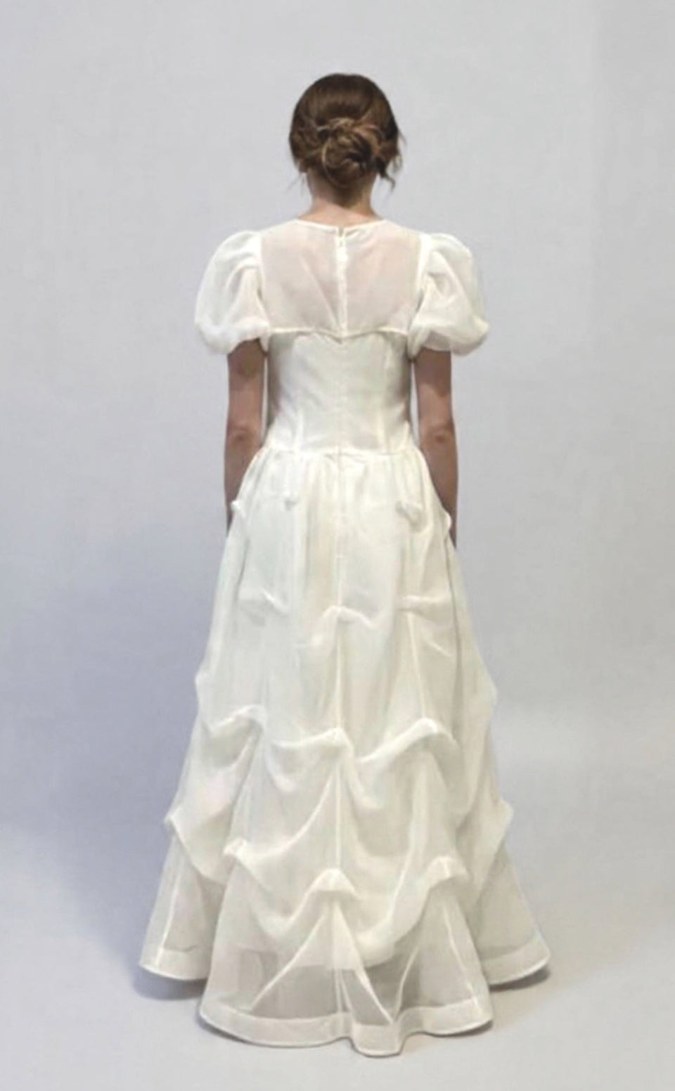 Silk organza corset strapless layered gown with puff shoulder detachable bolero