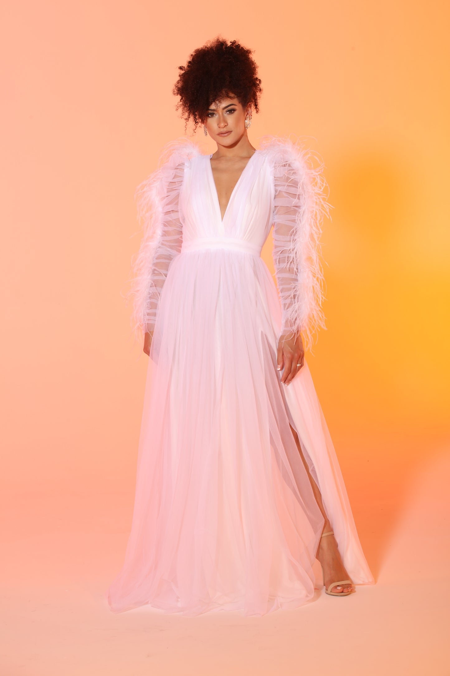 Pre-Order Evvie feather trim tulle slit gown