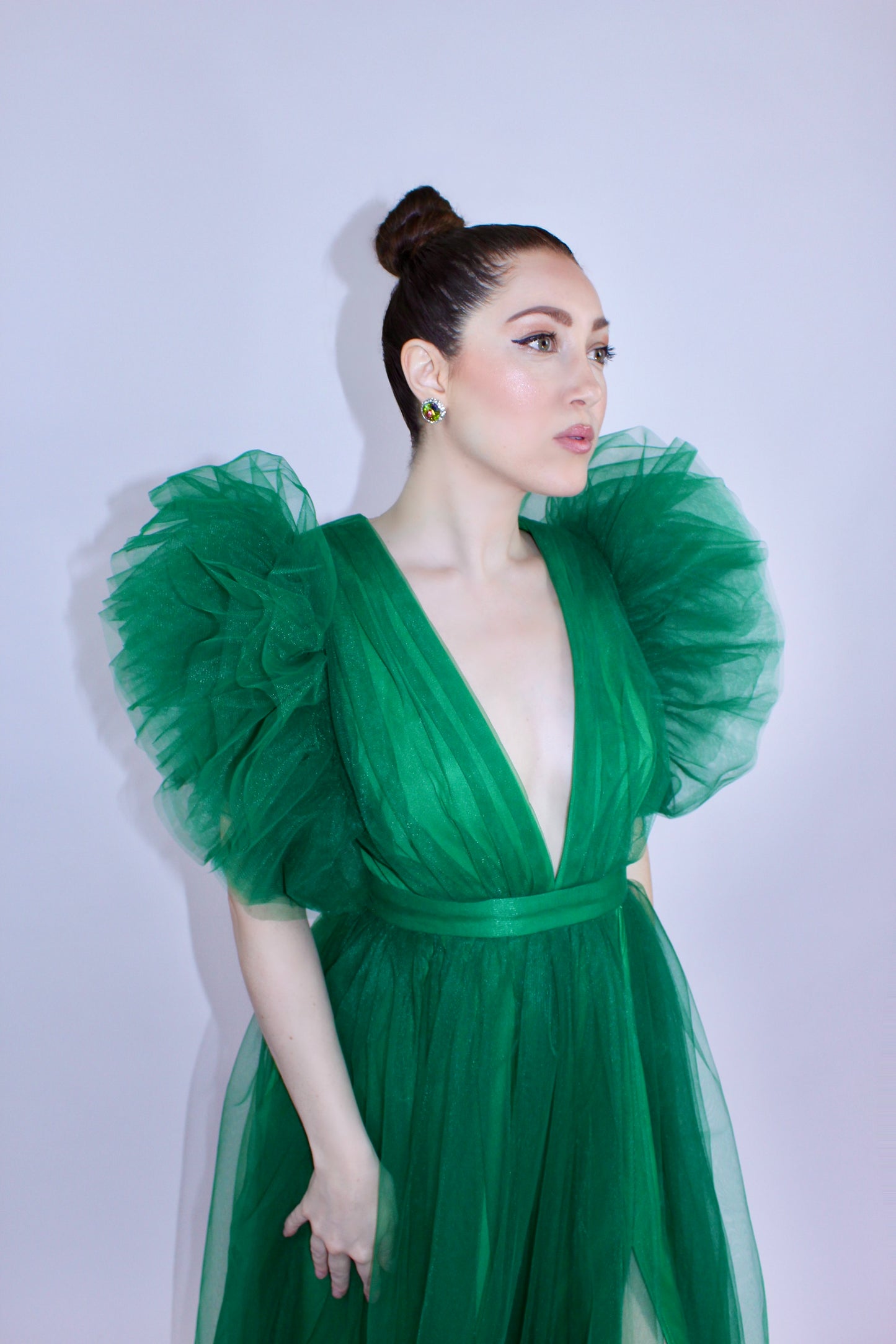 Pre-Order Glamourous puffy sleeve side slit tulle maxi gown