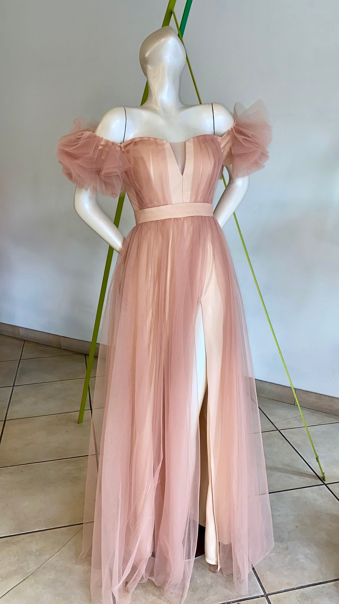 All the allure off shoulder tulle gown with front side slit