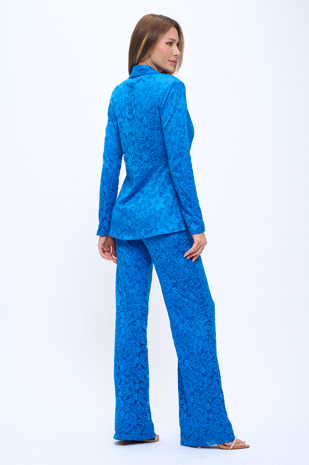 Stretchy floral lace tulip hem jacket and high waisted pants suit set