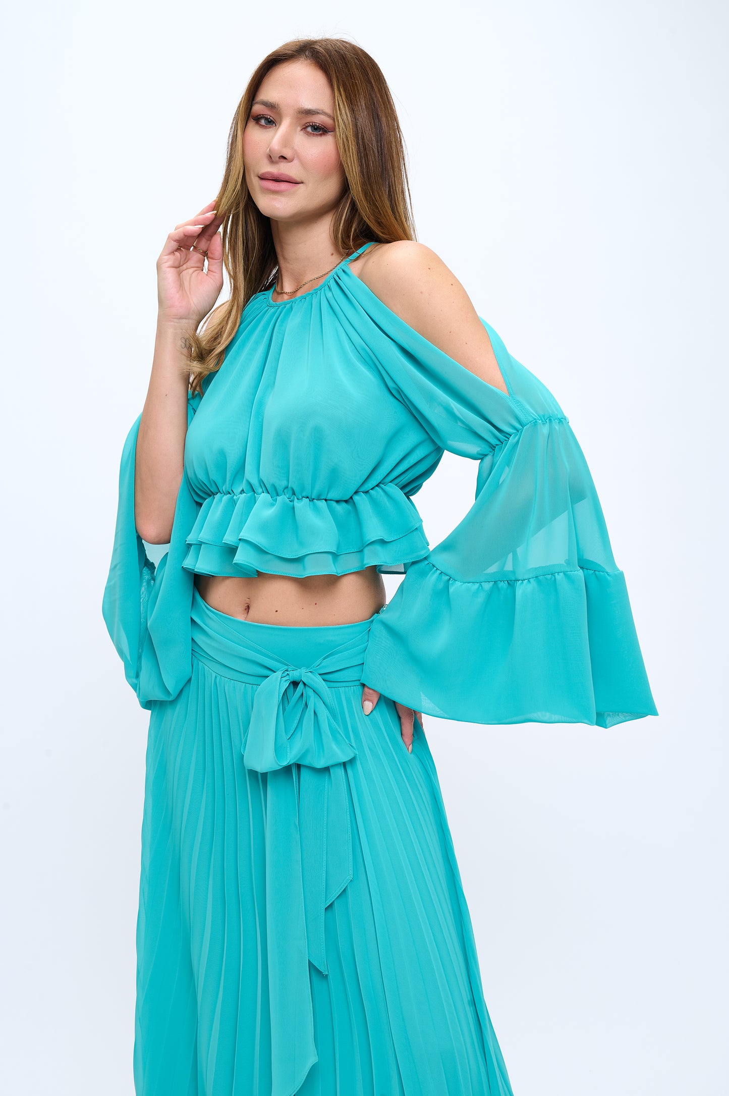 Chiffon ruffle crop top and maxi skirt set