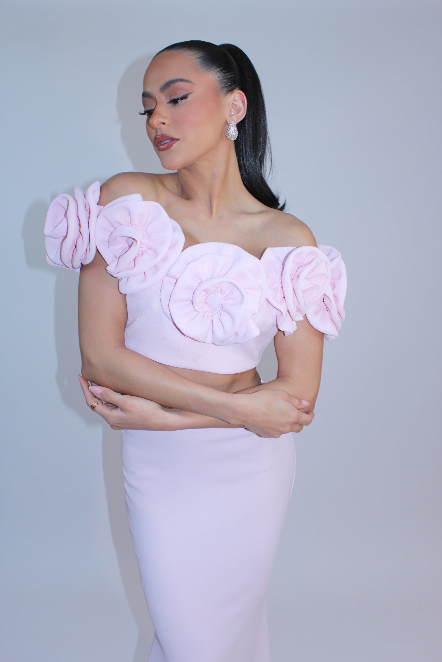 Rose detail off shoulder crop top and maxi skirt set
