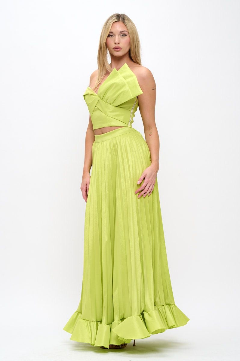 Taffeta bow crop top and pleated maxi skirt set